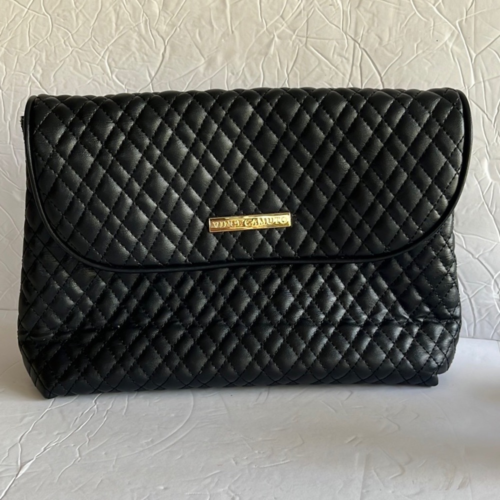 Vince Camuto Quilted Black Cosmetic Clutch with Gold Logo